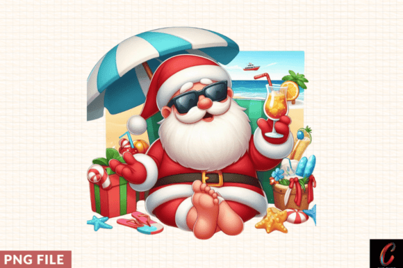 Summer Santa Claus Enjoying Beach PNG